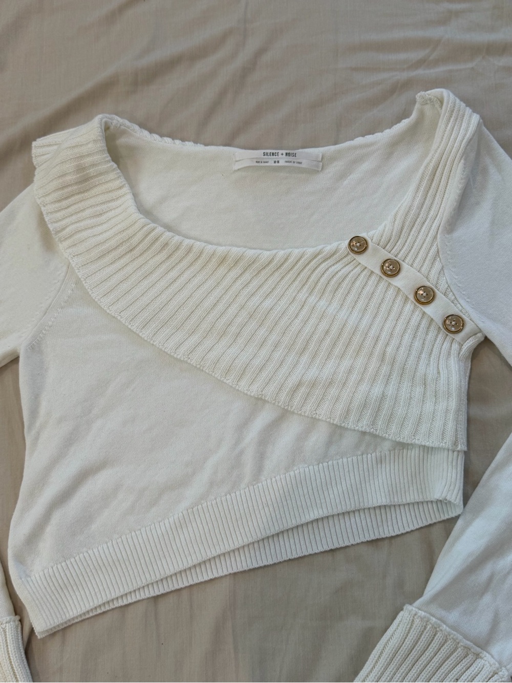 silence + noise cream off-shoulder ribbed button  cropped sweater
